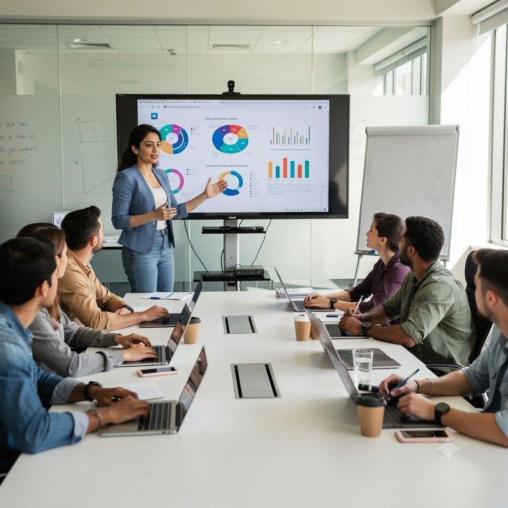 Faculty presenting business analytics to a team